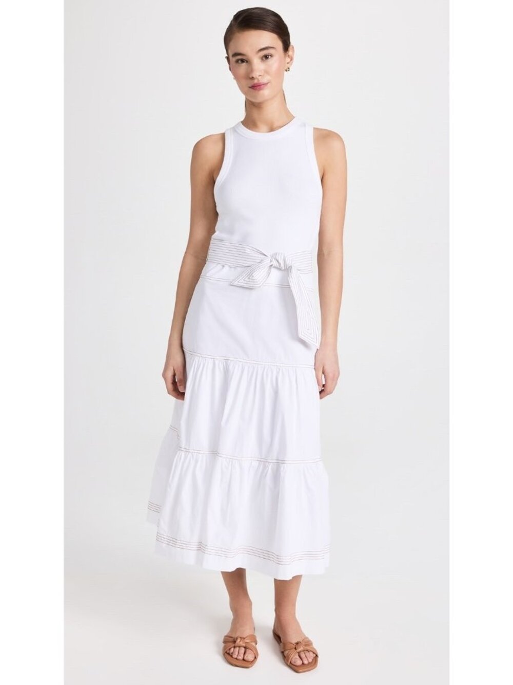 Veronica Beard Austyn Dress White Sleeveless Belted Sundress Tiered Size XS